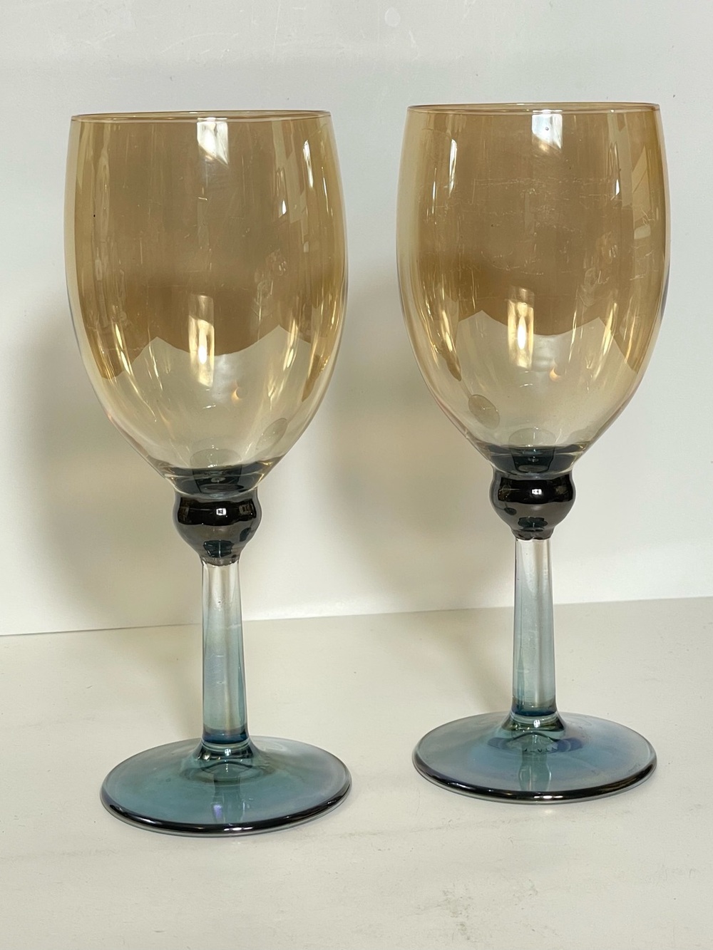 Pier 1 Wine Amber Luster Blue Iridescent Hand Blown Wine Glasses